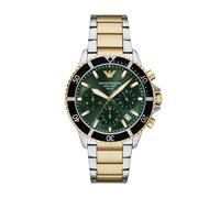 Chronograph EMPORIO ARMANI "WORLD EXPLORER", gold (edelstahlfarben, goldfarben, dunkelgrün), Armbanduhren, Damen, Chronograph, Armbanduhr, Solar, Herrenuhr, Edelstahlarmband, analog, Tag (10457433-0)