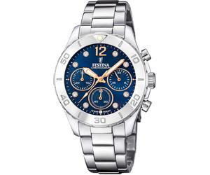Chronograph FESTINA "Boyfriend Collection", silber (silberfarben, dunkelblau), Armbanduhren, Damen, Chronograph, Armbanduhr, Quarzuhr, Damenuhr, Stoppfunktion, Edelstahlarmband (85404632-0) silberfarb