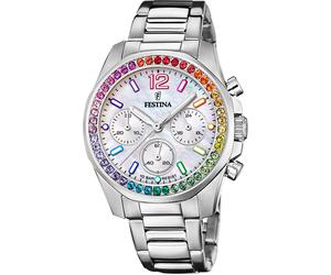 Chronograph FESTINA "Boyfriend Collection", silber (silberfarben, regenbogenfarben), Armbanduhren, Damen, Chronograph, Armbanduhr, Quarzuhr, Damen, Stoppfunktion, Zirkonia Regenbogenfarben (89803656-0