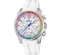 Chronograph FESTINA "Boyfriend Collection", weiß (weiß, silberfarben, regenbogenfarben), Armbanduhren, Damen, Chronograph, Armbanduhr, Quarzuhr, Damen, Stoppfunktion, Zirkonia Regenbogenfarben (582328