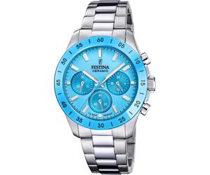 Chronograph FESTINA "Ceramic", silber (silberfarben, hellblau), Armbanduhren, Damen, Chronograph, Quarzuhr, Armbanduhr, Damen, Herren, Edelstahlarmband, Keramiklünette (49391560-0) silberfarben, hellb