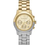 Chronograph MICHAEL KORS "RUNWAY", gold (silbergoldfarben), Armbanduhren, Damen, Chronograph, Quarzuhr, Armbanduhr, Damenuhr, Stoppfunktion, Edelstahlarmband (98528548-0) silbergoldfarben