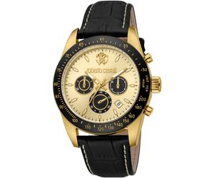 Chronograph ROBERTO CAVALLI "Uomo Chrono", schwarz (schwarz, champagnerfarben), Armbanduhren, Herren, Chronograph, Quarzuhr, Armbanduhr, Herrenuhr, Lederarmband, analog, Tag (42262445-0) schwarz, cham