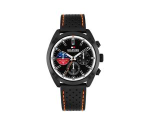 Chronograph TOMMY HILFIGER "Hudson", schwarz, rot, Armbanduhren, Herren, Chronograph, Quarzuhr, Armbanduhr, Herrenuhr, Lederarmband, analog, Stoppfunktion (70713421-0) schwarz, rot