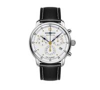 Zeppelin 9586-1 Herren Chronograph 38 mm Leder Schwarz Quarz 5 ATM | 38 mm Edelstahlgehäuse, weißes Zifferblatt, Lederarmband mit Kontrastnaht, Mineralglas, Datum, Stoppfunktion