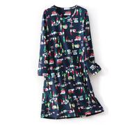 CHUNG Damen-Nachthemd über dem Knie, langärmelig, Rundhalsausschnitt, Baumwolle, Nachtwäsche, niedliches Muster, Loungewear, Frühling Sommer, Marineblau, Weihnachten, L