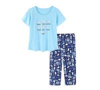 CHUNG Damen-Pyjama-Set aus Baumwoll-Mischgewebe, kurzärmelig, Oberteil, Caprihose, Übergröße, Lounge, Nachtwäsche Gr. XXX-Large, Navy Cat