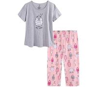 CHUNG Damen-Pyjama-Set aus Baumwoll-Mischgewebe, kurzärmelig, Oberteil, Caprihose, Übergröße, Lounge, Nachtwäsche Gr. Large, Graues Schaf