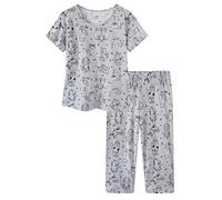 CHUNG Damen-Pyjama-Set aus Baumwoll-Mischgewebe, kurzärmelig, Oberteil, Caprihose, Übergröße, Lounge, Nachtwäsche Gr. Small, Graue Katze