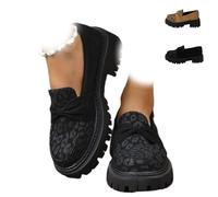 Chunky Loafers Women, Leopard Print Thick Bottom Casual Loafers with Bowknot, Business Work Slip On Walking Shoes Wide Width Comfort Casual Flats (Black,42)