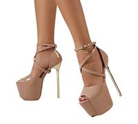 CHUNNUAN Sexy Peep Toe 17 cm Super High Heels Frauen Sandalen Party Hochzeit Bankett Stiletto Schuhe Mode Schnalle Riemen Plateau Pumps - Aprikose, 39