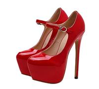 CHUNNUAN Sexy rote High Heels Plateau Pumps 17 cm Frauen Mode Runway Lackleder Runde Zehenschnalle Riemen Party Hochzeit Stripper Schuhe - Rot, 35