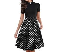 Church Clergy Dress for Women Short Sleeve Polka Dot Patchwork A Line Elegant Dress with Tab Collar