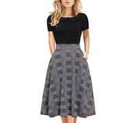 Church Dresses for Women Vintage Casual Peter Pan Collar Floral Print Work Party A-Line Swing Dress with Pockets 978 (Plaid Black, XL)