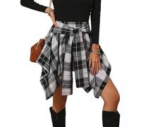 Chvity Minirock für Damen, hohe Taille, asymmetrischer Saum, modischer karierter Rock, Schwarz, X-Groß