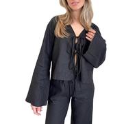 Chvity Oberteil mit Schnürung vorne für Damen, Y2K, Leinenhemden, ausgestellte Ärmel, V-Ausschnitt, Ausgehen, Kokette, leger, Schnürung, Schleife, Blusen, Schwarz, Groß