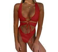 CHYRII Damen-Badeanzug, sexy Ausschnitt, Schnürung, rückenfrei, hoch geschnitten, Einteiler, Monokini, Burgunder, S