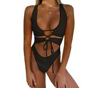 CHYRII Damen-Badeanzug, sexy Ausschnitt, Schnürung, rückenfrei, hoch geschnitten, Einteiler, Monokini, Schwarz, XL