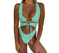 CHYRII Damen-Badeanzug, sexy Ausschnitt, Schnürung, rückenfrei, hoch geschnitten, Einteiler, Monokini, Strandglas, S