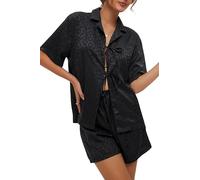 CHYRII Damen-Pyjama-Set aus Seidensatin, kurzärmelig, mit Schleife vorne, zweiteilige Tops und Shorts, Nachtwäsche, Schwarz (black Leopard), 38
