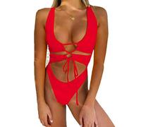 CHYRII Damen Sexy Cutout Lace Up Backless High Cut One Piece Badeanzug Monokini, rot, X-Large