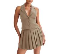 Cicy Bell 2-teiliges Sommer-Outfit für Damen, V-Ausschnitt, Blazer, Weste, passende Sets und Mini-Faltenröcke, Khaki, Mittel