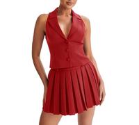 Cicy Bell 2-teiliges Sommer-Outfit für Damen, V-Ausschnitt, Blazer, Weste, passende Sets und Mini-Faltenröcke, Rot/Ausflug, einfarbig (Getaway Solids), Mittel