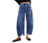 Cicy Bell Damen Baggy Wide Leg Boyfriend Jeans Mid Rise Barrel Cropped Raw Hem Denim Pants, Blau, 44