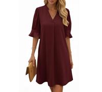 Cicy Bell Damen Sommerkleid Elegant Halbarm Hemdkleid V Ausschnitt Party Kleider Freizeitkleider Einfarbig Midikleid Casual A Linien Kurzes Kleid Weinrot S