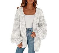 Cicy Bell Damen-Strickjacke mit offener Vorderseite, Grobstrick, lockere Laternenärmel, übergroßer Pullover, Weiss/opulenter Garten, X-Groß