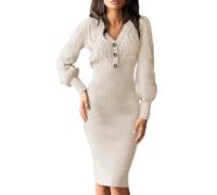 Cicy Bell Damen Strickkleid V-Ausschnitt Kleid Knielang Pulloverkleid mit Knopf Sexy Langarm Kleider Lang Winter Midikleid Apricot,XL