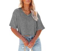 Cicy Bell Damen V-Ausschnitt Cropped T Shirts Casual Sommer Crop Tops Halbarm Einfarbige Crop Baisc Tees Grau XL