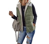 Cicy Bell Damen Wende-Weste Sherpa Fleece Steppweste mit Kapuze | Farbblock, Leichte, Wendbare Plüschige Kapuzenweste, Ärmellos Gesteppte Jacke mit Tasche