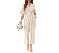 Cicy Bell Eleganter Damen-Jumpsuit mit V-Ausschnitt, elegant, lässig, kurzärmelig, weites Bein, lange Hose, Strampler, Beige, X-Large