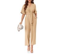 Cicy Bell Eleganter Damen-Jumpsuit mit V-Ausschnitt, elegant, lässig, kurzärmelig, weites Bein, lange Hose, Strampler, Khaki, XX-Large