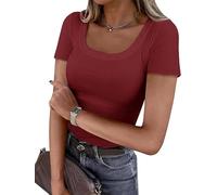 Cicy Bell T Shirt Damen Elegant Oberteile U Ausschnitt Gerippt Basic Tee Shirts Slim Fit Tops.Rot M