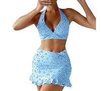 Cihdmfb 3 Teilige Bikini Set Damen Push Up Badeanzüge Verstellbar Cross Back Lace Up Bikinioberteil + High Waist Badeshorts Swimsuit Elegant Einfarbig Bademode Strandbekleidung(B Himmelblau,XL)