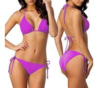 Cihdmfb Bikini Set Damen Push up 2tlg Bikini Damen Set mit Triangel Bikinihose Verstellbarer Spaghettiträger Bikini Badeanzüg mit Dreieck Cup Spaghetti Solide Zweiteilige Badebekleidun(A Lila,M)