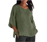 Cihdmfb Bluse Damen Vintage Einfarbig Lange Leinenbluse Sommer Oversize Tshirt Baumwolle Leinen Bluse V-Ausschnitt 3/4 Ärmel Oberteile Lässig Tunika Frauen Oberteil Locker Shirt Tops(B Grün,XXL)
