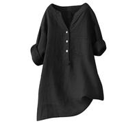 Cihdmfb Blusen Tuniken für Damen Große Größen Leinen Shirt Casual V Ausschnitt Button-Down Leinenbluse Elegant Einfarbig Aufrollbaren Ärmeln Longbluse Summer Oversize Lange Leinenhemd(A Schwarz,5XL)