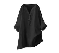 Cihdmfb Blusen Tuniken für Damen Große Größen Leinen Shirt Casual V Ausschnitt Button-Down Leinenbluse Elegant Einfarbig Aufrollbaren Ärmeln Longbluse Summer Oversize Lange Leinenhemd(B Schwarz,4XL)