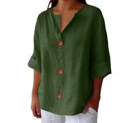 Cihdmfb Blusen Tuniken für Damen Summer Baumwolle Leinenbluse Elegant Einfarbig 3/4 Ärmel Musselin Bluse Oversized Lässige V-Ausschnitt Leinenhemd mit Knöpfen Bequem Leichte Hemdbluse(A Grün,L)