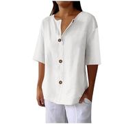 Cihdmfb Blusen Tuniken für Damen Summer Baumwolle Leinenbluse Elegant Einfarbig 3/4 Ärmel Musselin Bluse Oversized Lässige V-Ausschnitt Leinenhemd mit Knöpfen Bequem Leichte Hemdbluse(B Weiß,L)