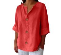 Cihdmfb Blusen Tuniken für Damen Summer Baumwolle Leinenbluse Elegant Einfarbig 3/4 Ärmel Musselin Bluse Oversized Lässige V-Ausschnitt Leinenhemd mit Knöpfen Bequem Leichte Hemdbluse(A Rot,L)