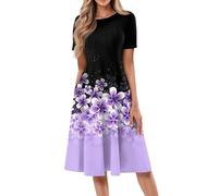 Cihdmfb Blusenkleid Damen Elegant Einfarbig Knielang Sommerkleid Lässiges Rundhals Kurzarm Shirtkleid Große Größen Locker Tunikakleid Strandkleid A Linie Swing Kleider mit Taschen(F Lila,XXL)