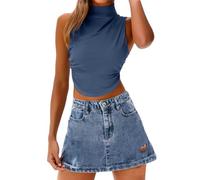 Cihdmfb Crop Tops Damen Ärmelloses Rollkragen Tank Tops Summer Elegant Einfarbig Weste Slim Fit Dünn Oberteile Leicht Casual Tank Top Basic Solide Rollkragenshirts Unterhemden(A Marineblau,L)