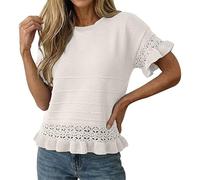 Cihdmfb Damen Kurzarmpullover Damen Elegant Rundhals Strickshirt Frühling Sommer Volant Ärmel Strickpullover Basic Einfarbige Strick Pullover Rüschen Saum Feinstrickpullover Tops(Weiß,M)