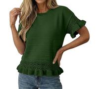 Cihdmfb Damen Kurzarmpullover Damen Elegant Rundhals Strickshirt Frühling Sommer Volant Ärmel Strickpullover Basic Einfarbige Strick Pullover Rüschen Saum Feinstrickpullover Tops(Grün,L)