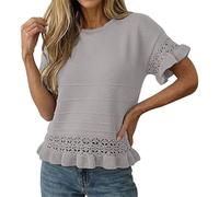 Cihdmfb Damen Kurzarmpullover Damen Elegant Rundhals Strickshirt Frühling Sommer Volant Ärmel Strickpullover Basic Einfarbige Strick Pullover Rüschen Saum Feinstrickpullover Tops(Grey,L)