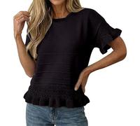 Cihdmfb Damen Kurzarmpullover Damen Elegant Rundhals Strickshirt Frühling Sommer Volant Ärmel Strickpullover Basic Einfarbige Strick Pullover Rüschen Saum Feinstrickpullover Tops(Schwarz,S)